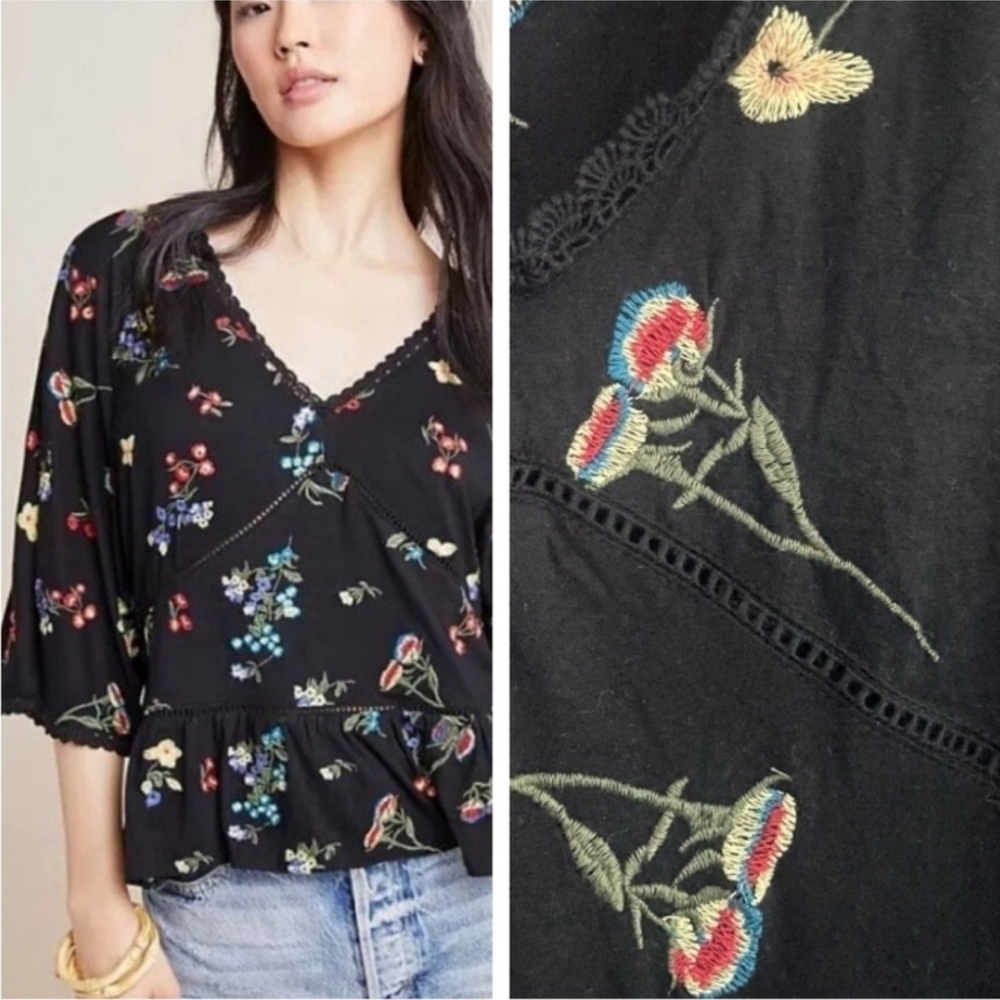 Anthropologie Parvati Embroidered Floral Flutter Sleeve top lace trim Bohemian